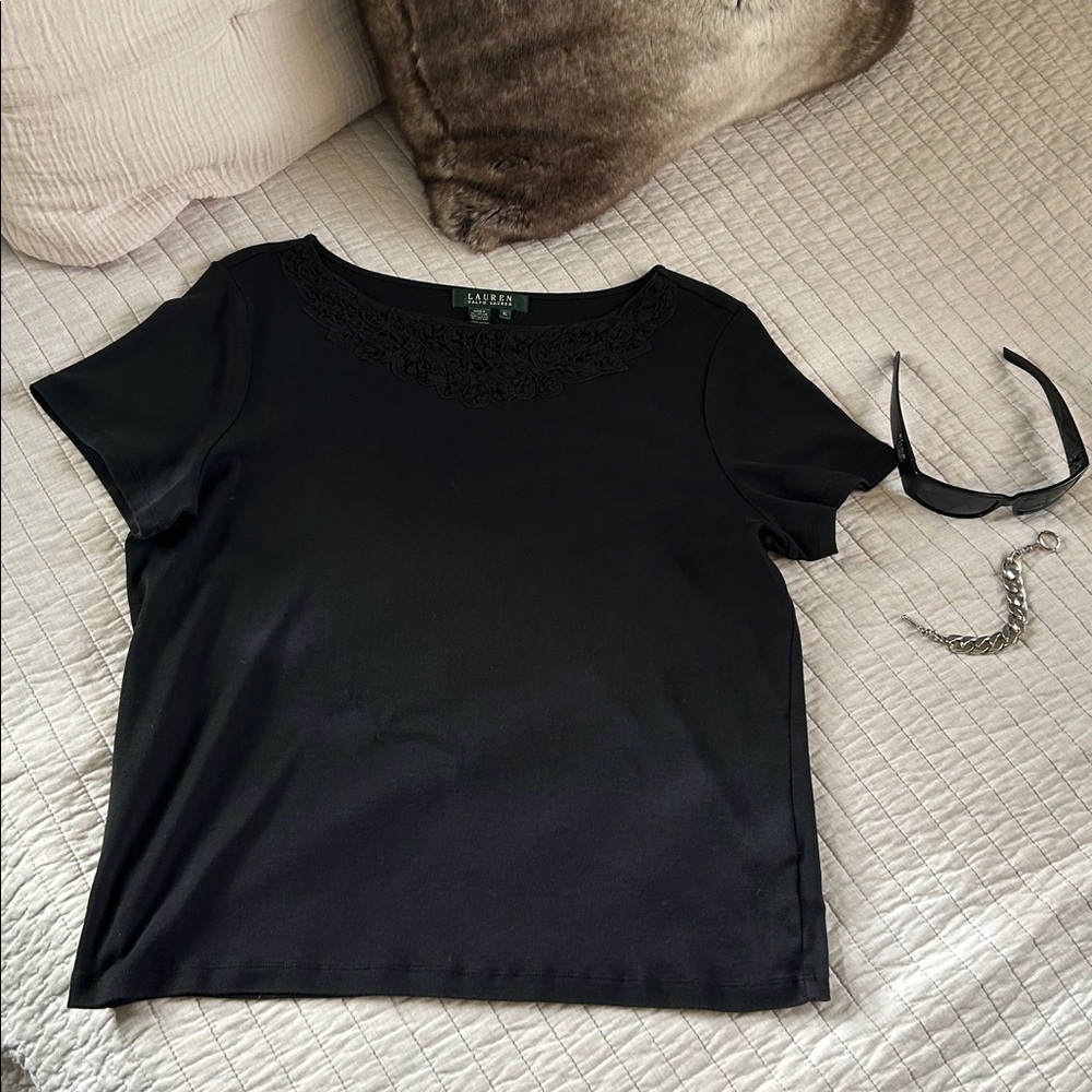 Ralph Lauren Vtg cotton black cottage crochet knit appliqué T-shirt XL​​